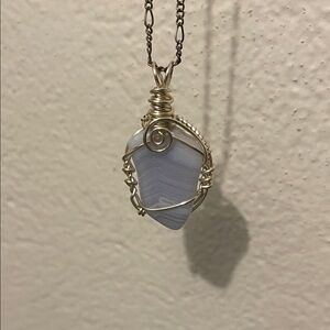 🩵Silver and Blue lace agate Wire-Wrapped Pendant Necklace
